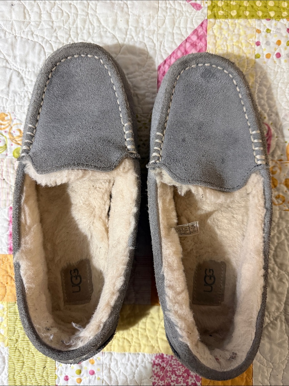 UGG Gray Suede Shearling Moccasin Slippers with Cream Lining